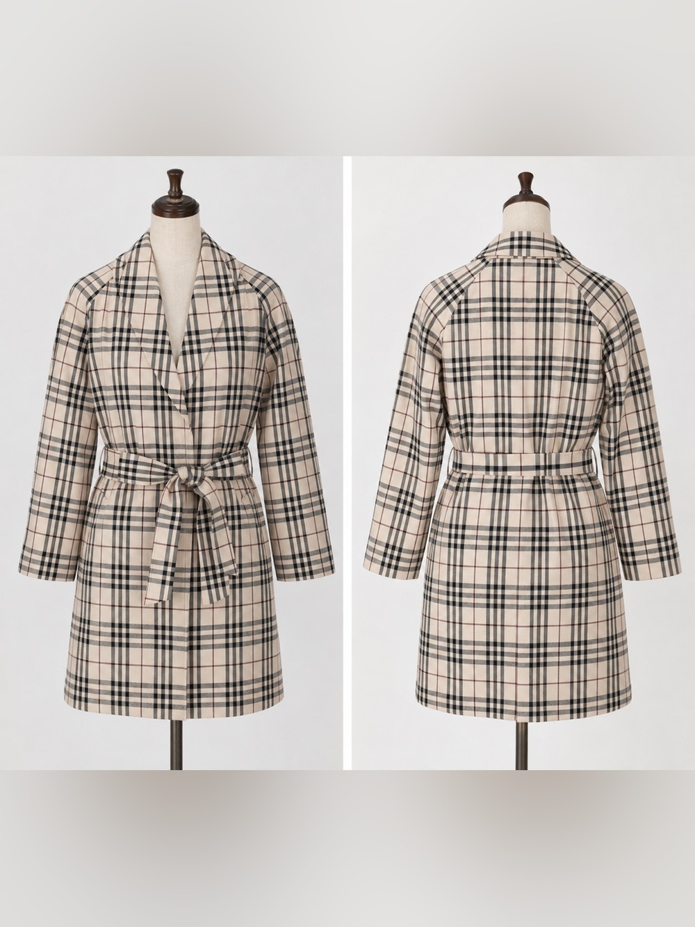 BURBERRY Plaid Tie-Waist Robe Coat - Beige/Black